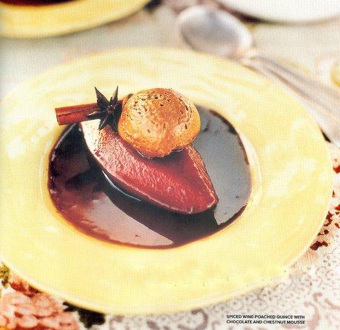 Spiced Wine-Poached Quince with Chocolate And Chestnut Mousse